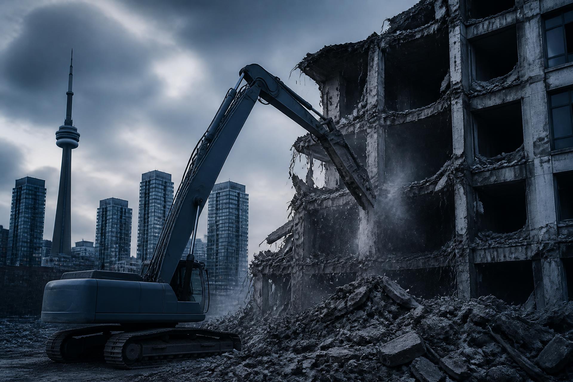 High-reach excavator demolishing a commercial building with the Toronto skyline behind