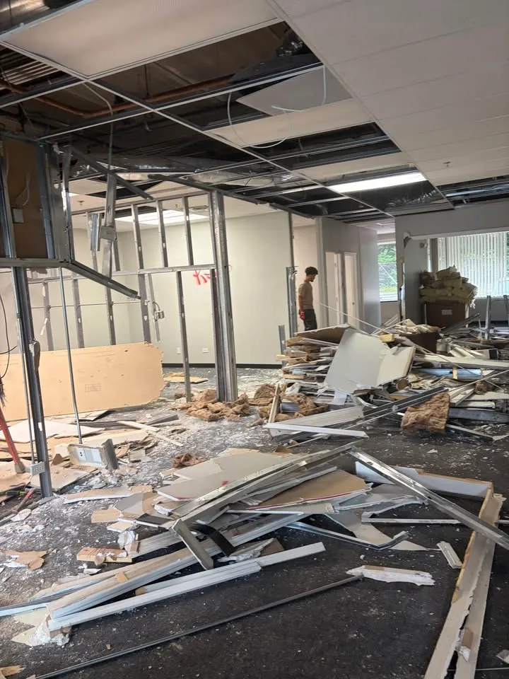 Commercial interior with ceiling and wall finishes removed